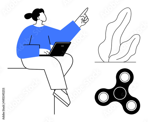 Person seated with a laptop pointing upward near abstract leaves and a fidget spinner. Ideal for productivity, education, focus, mindfulness, creativity, technology, relaxation, simple landing page