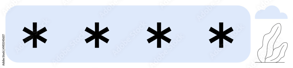 Fototapeta premium Four asterisks in a light-blue password input field with decorative cloud and leaf illustrations. Ideal for security, login, data protection, online forms, minimal design, UX elements, simple landing