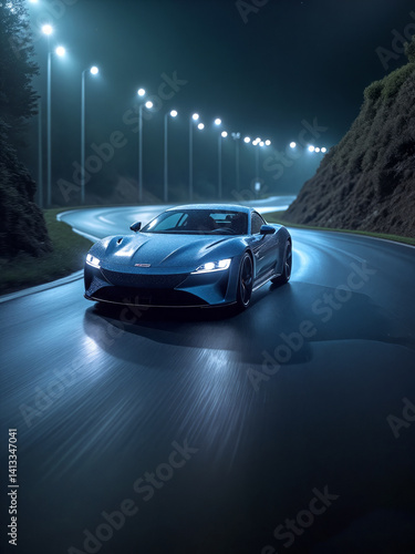 Nighttime drive of a sleek sports car on a winding road illuminated by streetlights