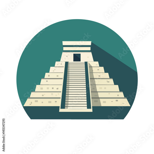 An icon of an Aztec pyramid is displayed against a white background, representing a notable Mayan landmark in Mexico