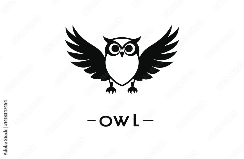 Obraz premium A modern owl design is set against a white background, depicting a bird that is classified as a wild animal, showcased through modern illustration