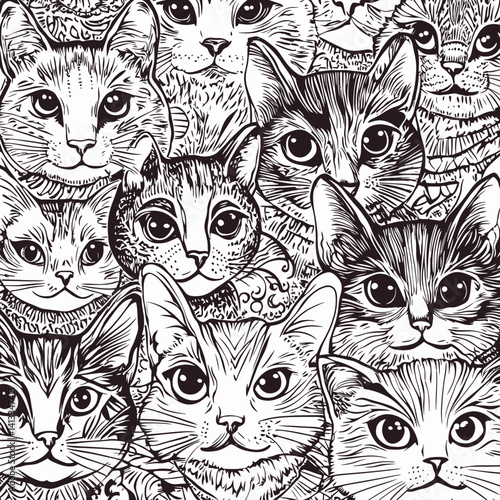 A hand-drawn cat with abstract patterns on an isolated background creates a seamless Zentangle design for spiritual relaxation in adults, embodying a decorative Zen art style suitable for polygraphy