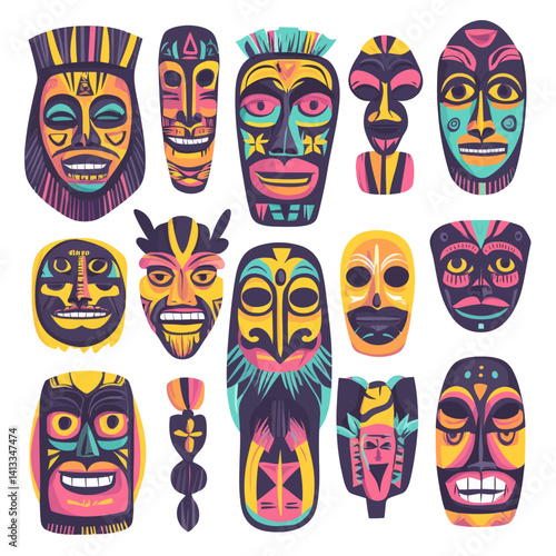 Set of traditional masked symbols, including tribal mask, modern masking, ethnic culture, and aztec face masque illustration, isolated on white background