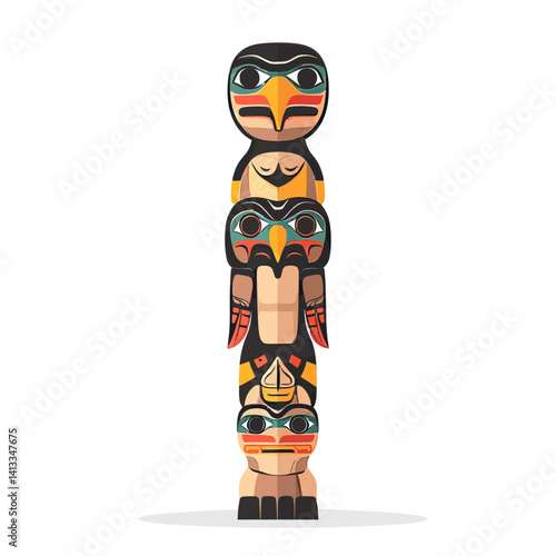 Traditional Religious Totem Pole in Cartoon Color, Vector