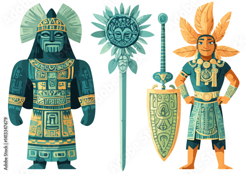 The Maya civilization item set encompasses tribal rituals, feathers, and decoration, also associated with the Aztecs, and represents a history concept that can be depicted through modern