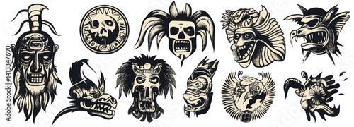 The ancient Maya Civilization is showcased through an old school tattoo collection featuring Mayan, Aztecs, and Incas, with symbols like the sun stone, pyramids, glyphs, and Kukulkan, highlighting