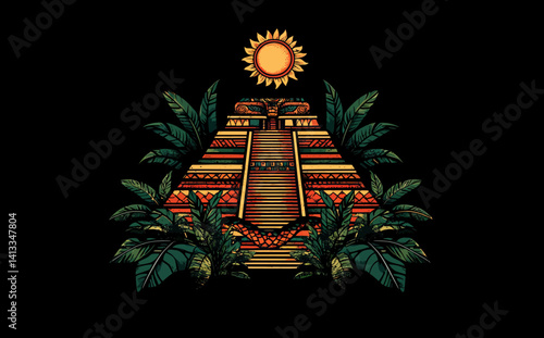 The Ancient Maya Civilization is represented by Kukulkan, the Feathered Serpent, alongside pyramids and Chichen Itza art, also featuring Quetzalcoatl, in a creative print suitable for dark clothing,