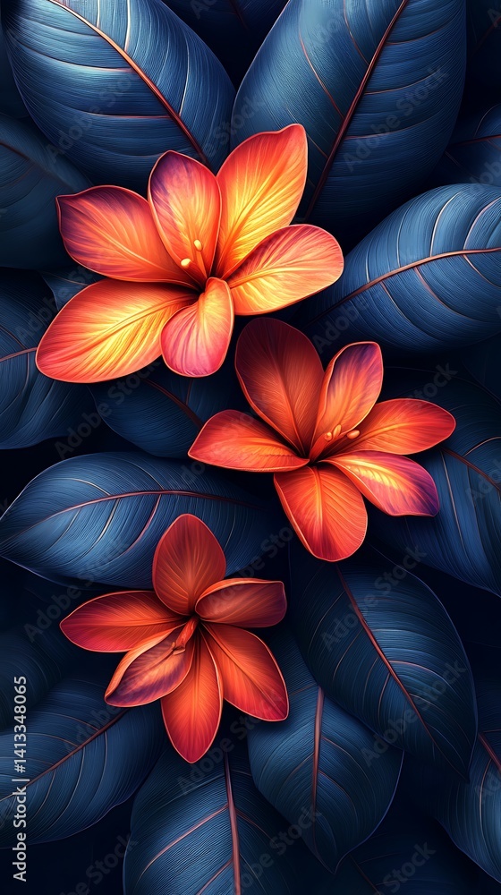 Obraz premium Tropical Floral Phone Wallpaper – Orange & Pink Flowers with Dark Blue Leaves | HD Vertical Vibrant Design