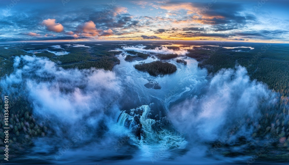 Majestic Waterfall Panorama: Serene Sunset, Misty Landscape Majestic Waterfall Panorama: Serene Sunset, Misty Landscape