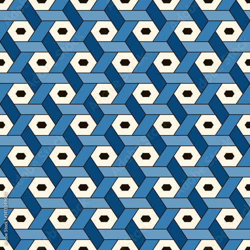 Hexagonal seamless pattern. Mosaic tiles. Geometrical wallpaper. Honeycomb print. Ethnic ornament illustration. Wicker background. Flooring image. Geometric backdrop. Vector art work.