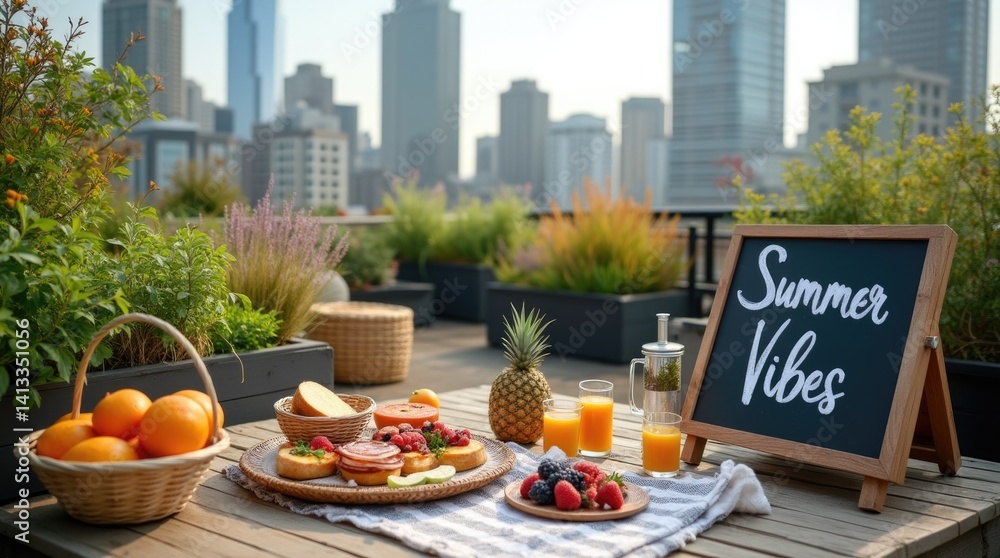 Rooftop brunch setting with fresh fruits and juices in urban cityscape background , and text Summer vibes. Rooftop brunch setting with fresh fruits and juices in urban cityscape background , and text Summer vibes.