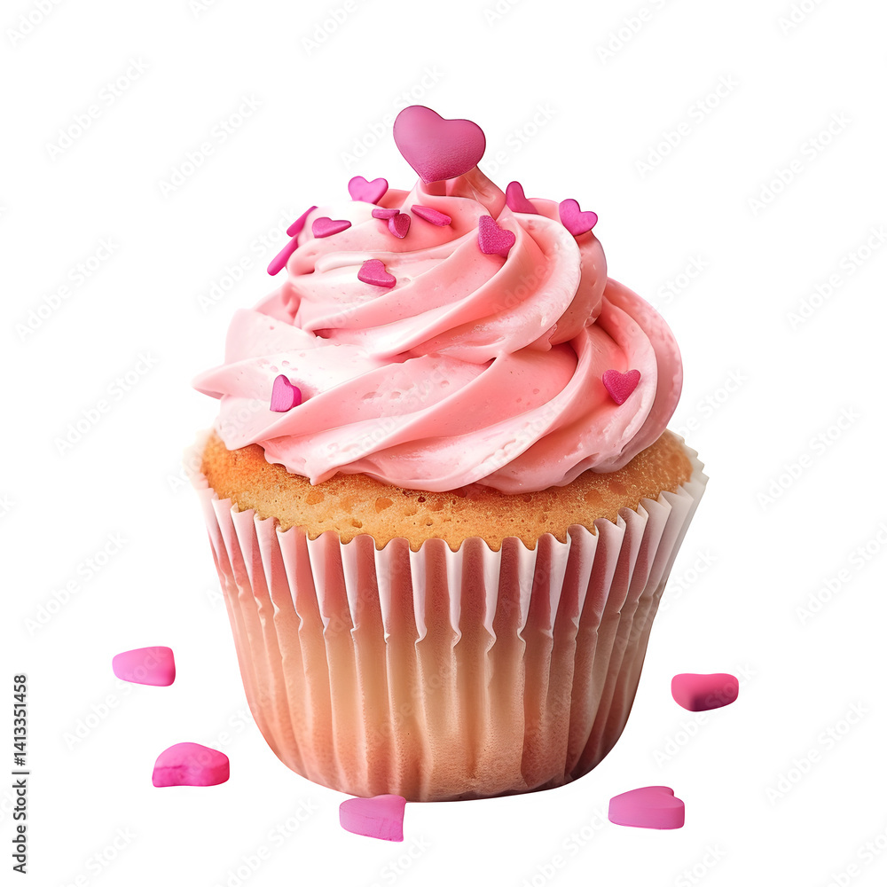 Cute cupcake with pink frosting and tiny heart sprinkles, ultra realistic and isolated on white background Cute cupcake with pink frosting and tiny heart sprinkles, ultra realistic and isolated on white background