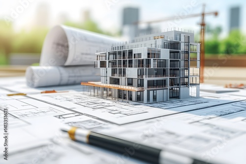 Construction model with a yellow crane on architectural blueprints, showcasing building design and planning in a detailed, illustrative presentation