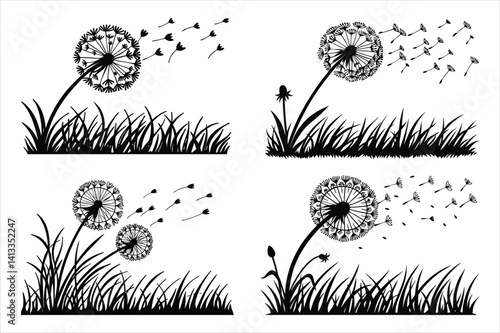 Spring silhouette of a dandelion with seeds flying in the wind