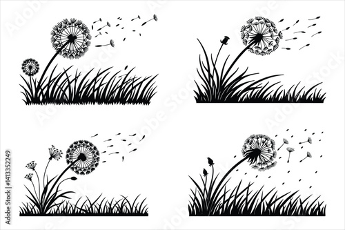 Spring silhouette of a dandelion with seeds flying in the wind