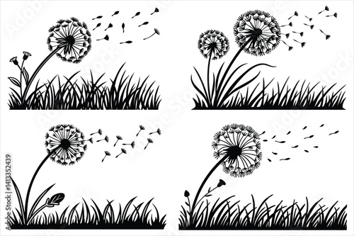 Spring silhouette of a dandelion with seeds flying in the wind