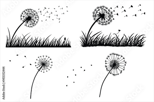 Spring silhouette of a dandelion with seeds flying in the wind