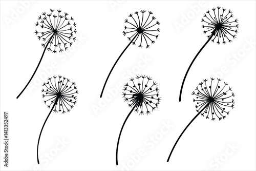 Spring silhouette of a dandelion with seeds flying in the wind