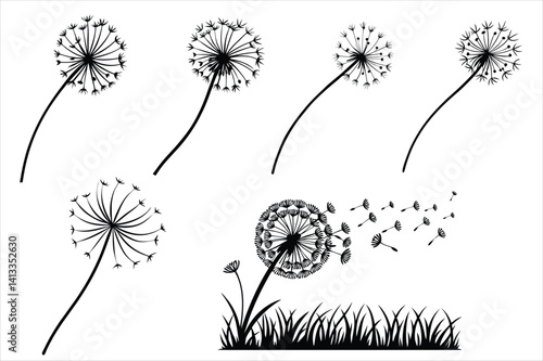 Spring silhouette of a dandelion with seeds flying in the wind