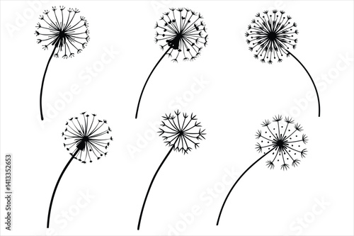 Spring silhouette of a dandelion with seeds flying in the wind