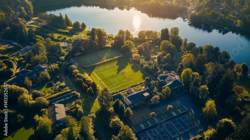 Lakeside Estate: Aerial View of Lush Green Fields, Tennis Courts, and Elegant Homes