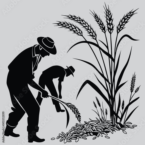 Farmers harvesting crops image silhouette vector art and illustration