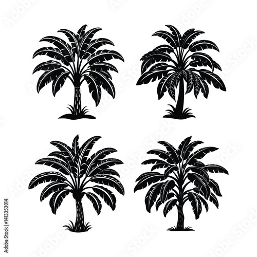 Four Black Silhouette Palm Trees Tropical Design