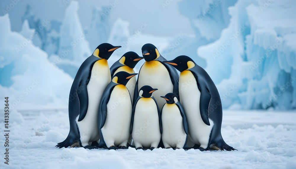 Obraz premium Emperor Penguins Huddle Together in Antarctica's Icy Landscape