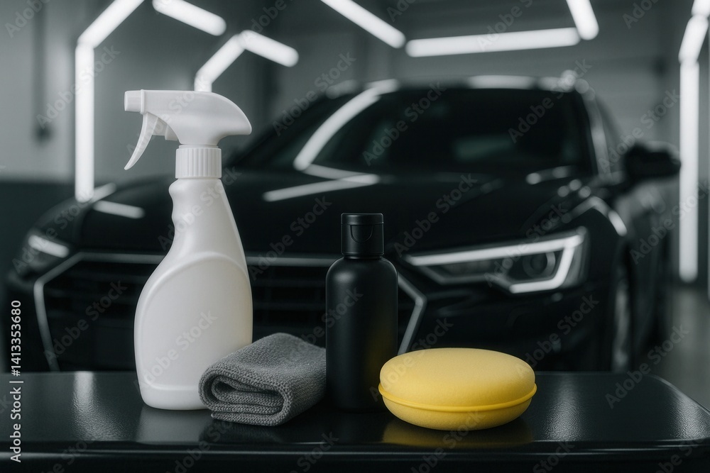 Car cleaning products ready for detailing a black car Car cleaning products ready for detailing a black car