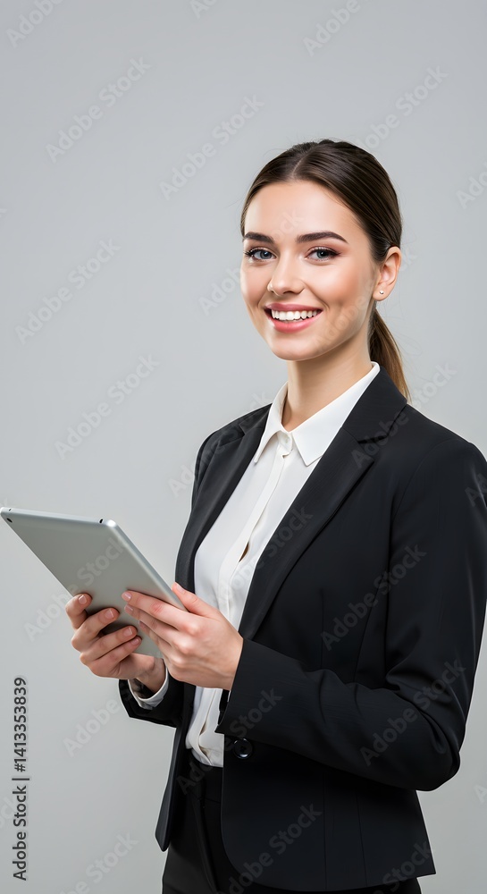 Smiling businesswoman in professional attire holding a tablet, exuding confidence and efficiency. Smiling businesswoman in professional attire holding a tablet, exuding confidence and efficiency.