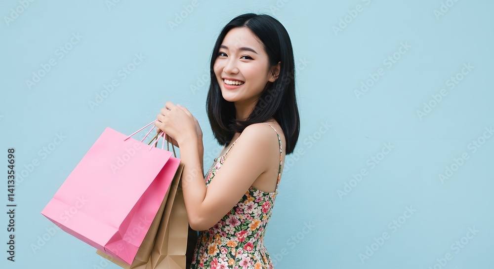 Joyful young woman smiles while carrying shopping bags against a light blue background, radiating happiness Joyful young woman smiles while carrying shopping bags against a light blue background, radiating happiness