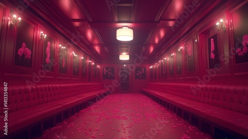 Entering Red Hallway Filled with Rose Petals and Ambient Lighting