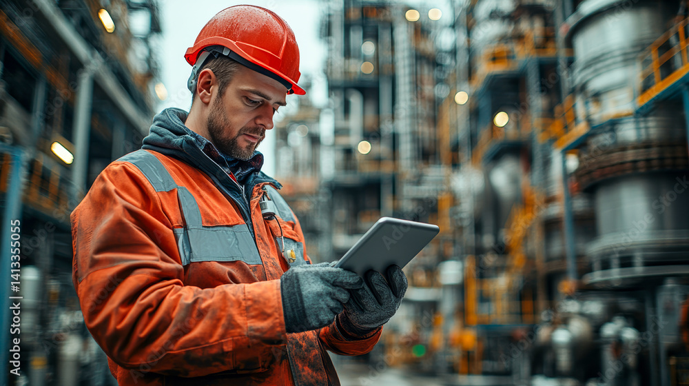 Obraz premium Industrial worker using tablet in factory environment 
