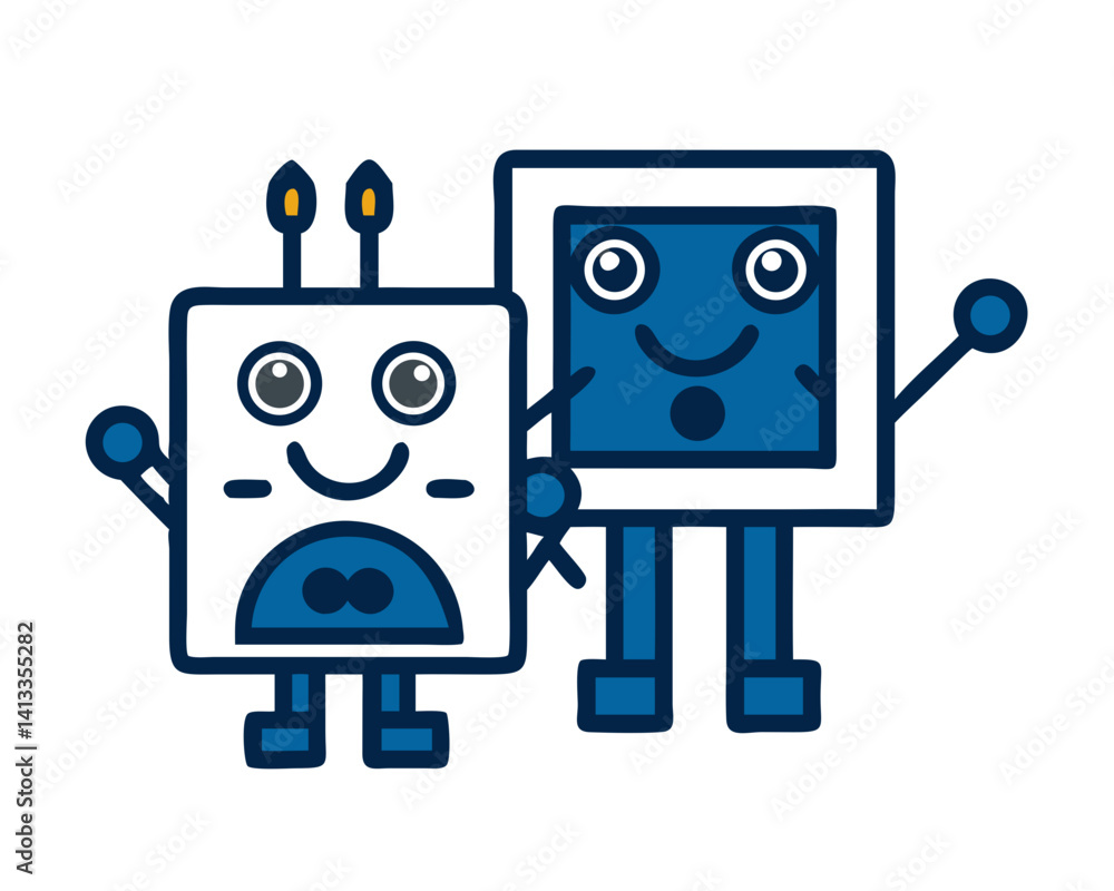 Fototapeta premium Friendly robots smiling and celebrating against a white background 