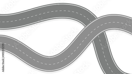Two gray curved road paths crossing over a white background. Road traffic theme background. 