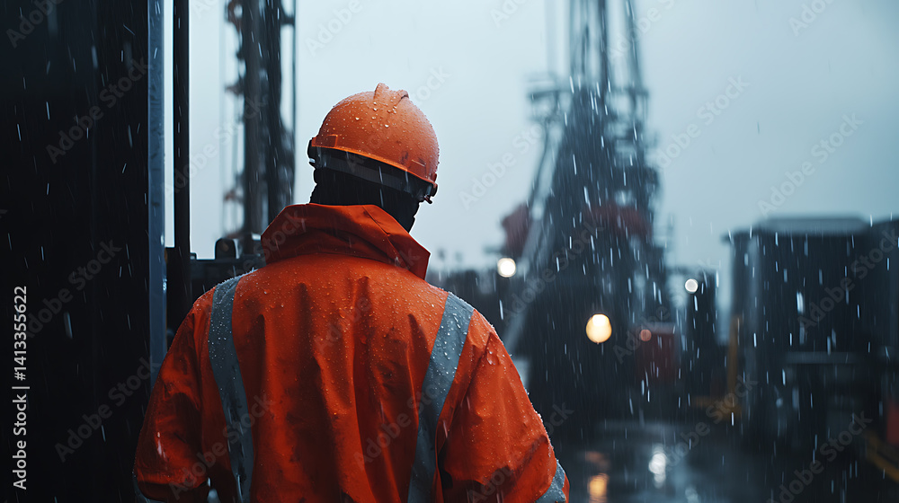 Offshore worker securing equipment for safety before a storm hits the oil rig. Featuring storm preparation Offshore worker securing equipment for safety before a storm hits the oil rig. Featuring storm preparation