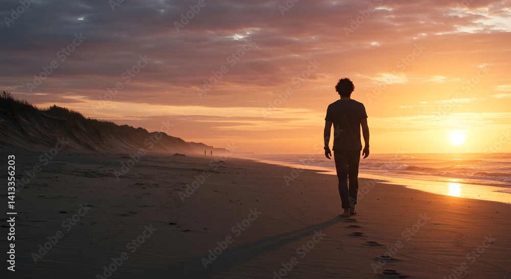 A lone figure walks along a sandy beach towards a vibrant sunset, leaving footprints in the sand. A lone figure walks along a sandy beach towards a vibrant sunset, leaving footprints in the sand.