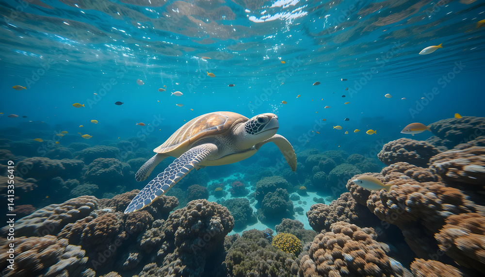 Fototapeta premium Majestic Sea Turtle Gracefully Swimming in Vibrant Coral Reef