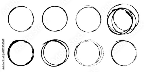 Set of eight circles drawn by hand with brush outline in black paint with jagged uneven edges. Vector illustration of circular prints from cup of coffee, twisted wire.