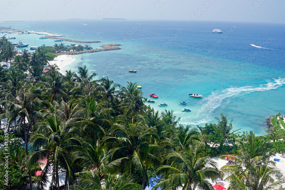 aerial view of Sunny tropical beach paradise on the Maledives