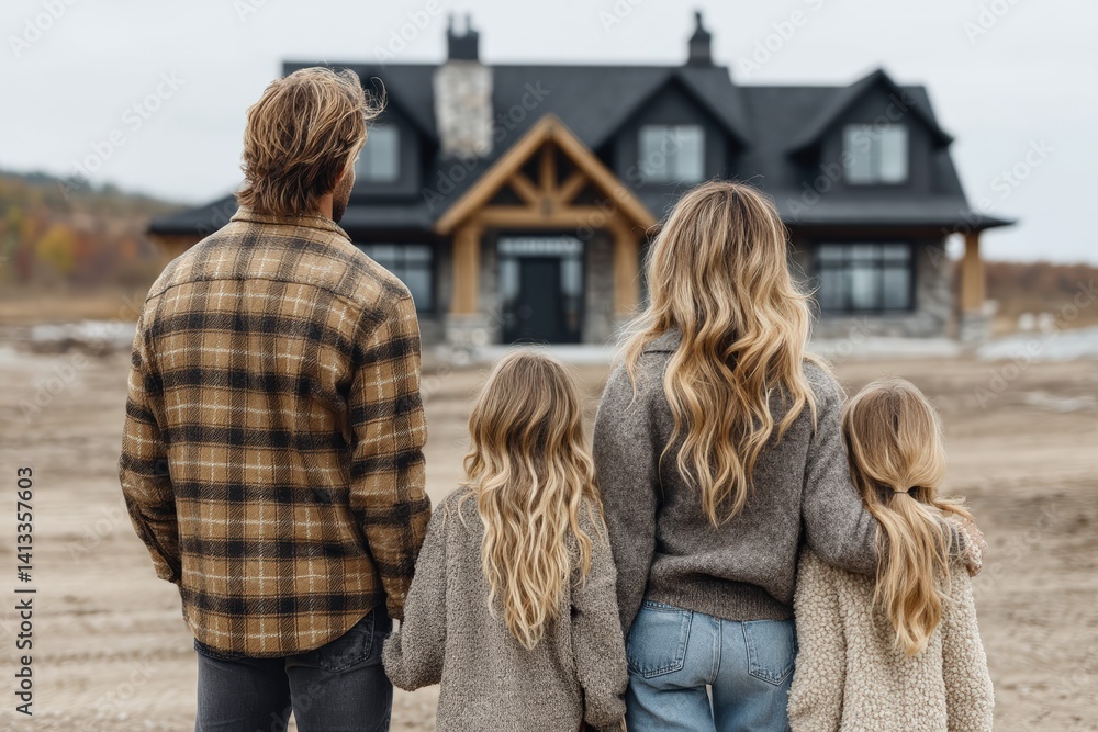 Young family looking at their new home standing, real estate purchase.