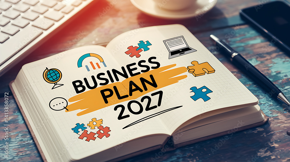 Obraz premium Open notebook displaying a Business Plan 2027 concept with icons surrounded by a keyboard pen and phone on a wooden surface.