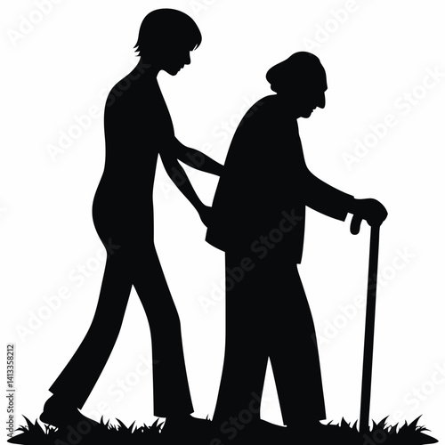 Person helping senior with walking cane outdoors