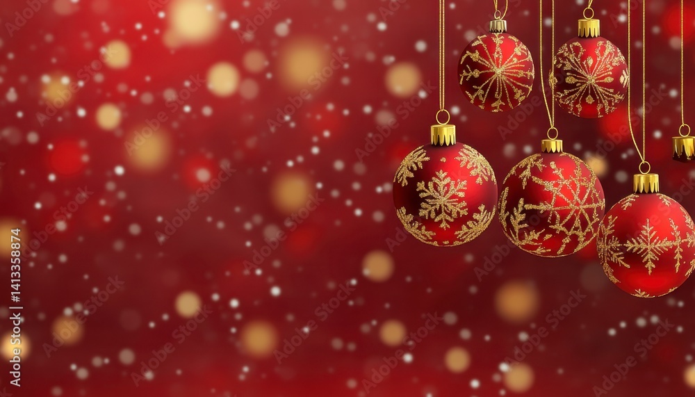 Red Christmas Ornaments: Festive Snowflake Design Against a Sparkling Background Red Christmas Ornaments: Festive Snowflake Design Against a Sparkling Background
