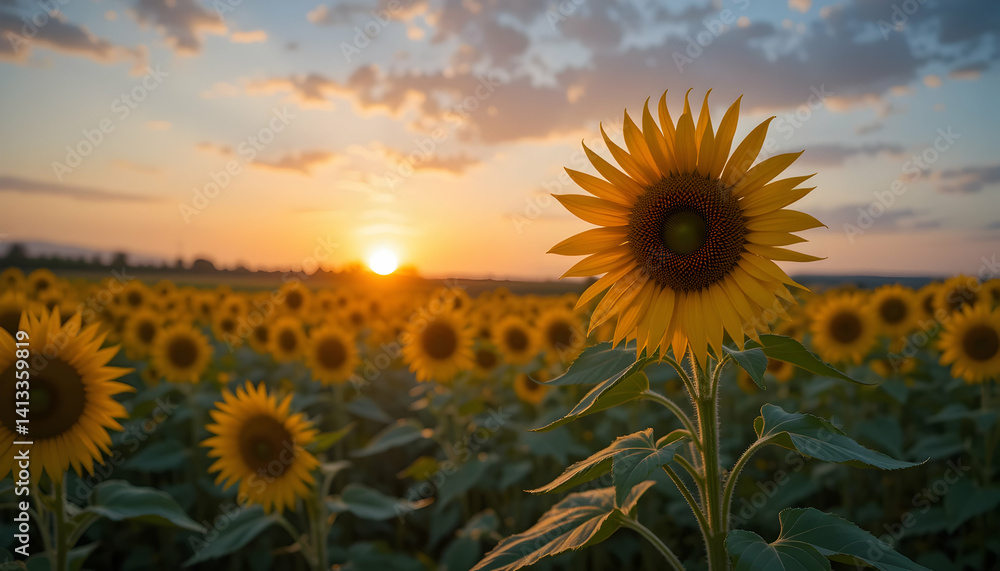 Obraz premium Stunning Sunset Over a Sunflower Field