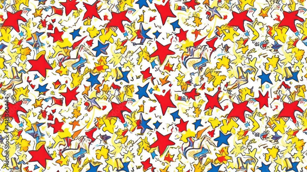 Colorful Star Pattern with Red Blue and Yellow Stars on White Colorful Star Pattern with Red Blue and Yellow Stars on White