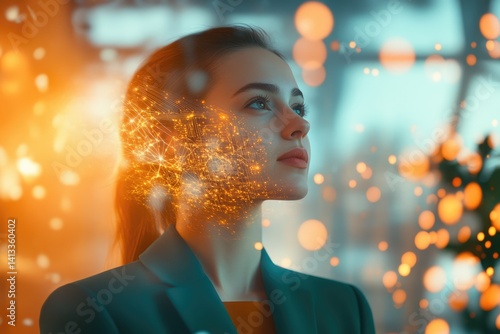 A woman's face is overlaid with glowing circuit lines, symbolizing technological integration and futuristic concepts.