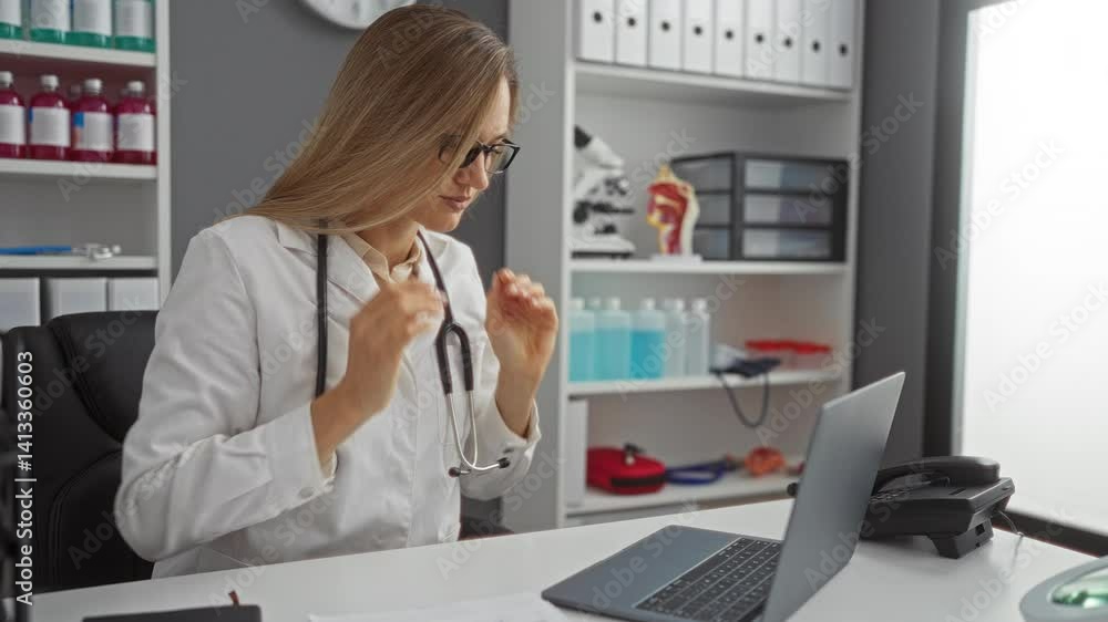 Woman adjusting glasses while working on a laptop in a clinic office wearing a stethoscope in a professional environment showcasing a medical setting with organized shelves. Woman adjusting glasses while working on a laptop in a clinic office wearing a stethoscope in a professional environment showcasing a medical setting with organized shelves.
