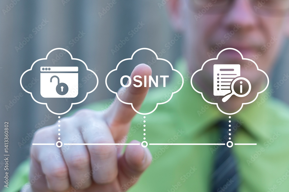 Investigator or analyst using virtual touch screen push text: OSINT. OSINT or Open Source INTelligence Investigation Web Concept. Open data access gathering. Open Source Analysis.