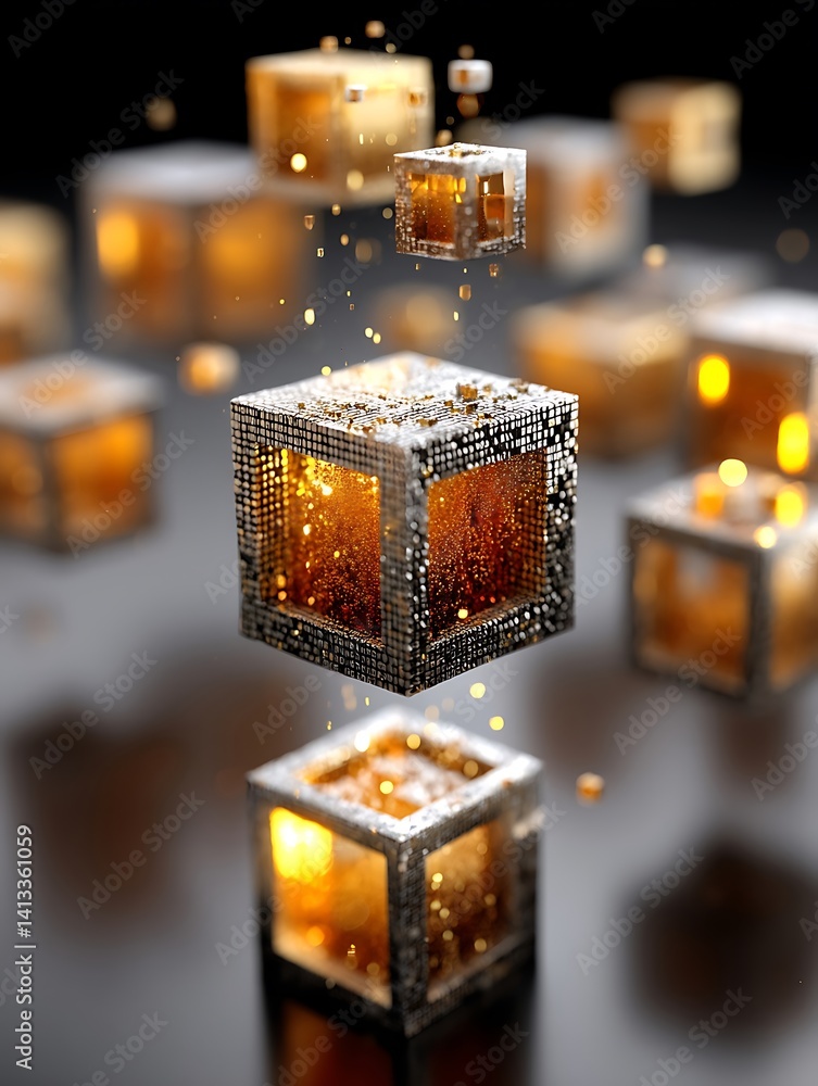 Obraz premium The image shows multiple cubes. They appear to be composed of smaller geometric shapes and contain particles of light within them.